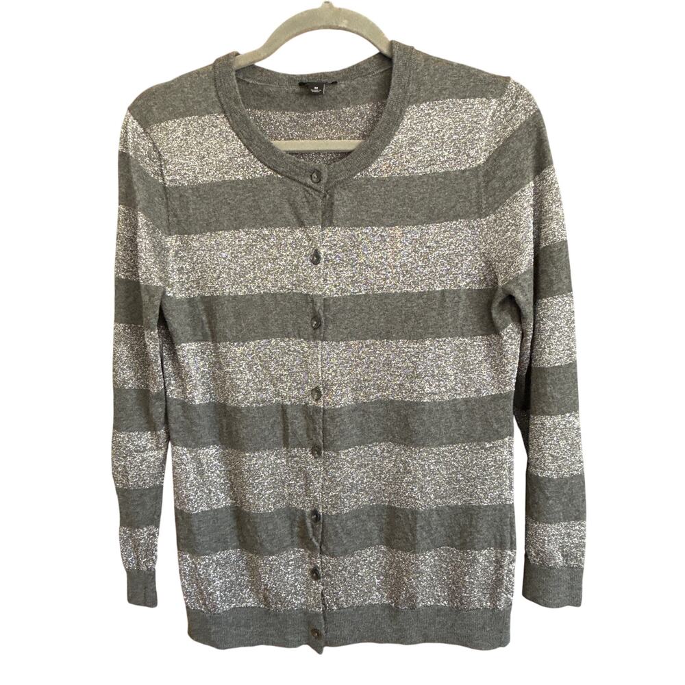 Ann Taylor Sz M gray & silver sparkle striped buttondown cardigan sweater